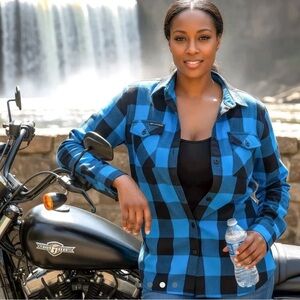 Hot Leathers Bikers woman's Aqua and Black Plaid Button Down Flannel Shirt